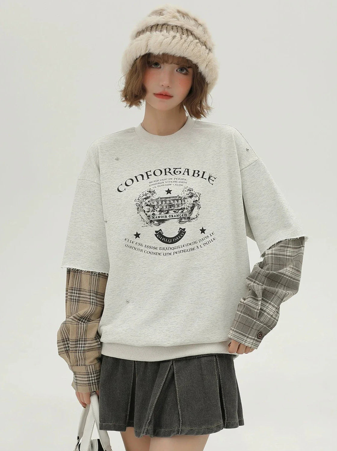 Sleeve Pullover Check American Sweat Faux Two-Piece Asymmetrical