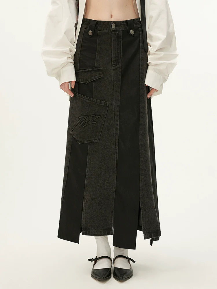 Schwarzer asymmetrischer Jeansrock aus Leder