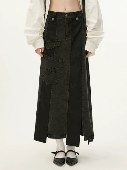 Schwarzer asymmetrischer Jeansrock aus Leder