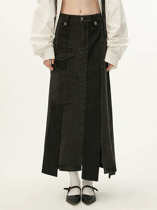 ブラックレザーのアシンメトリーデニムスカート