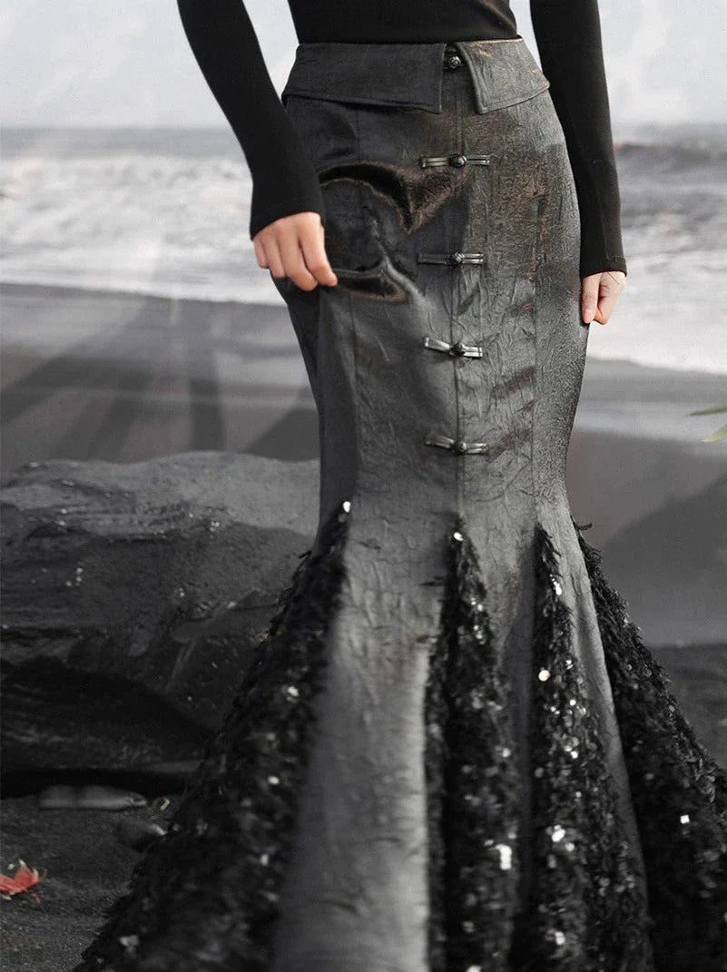 デザインスカート マーメイド チャイナ サテン スプライス フェザー スパンコール ダーク