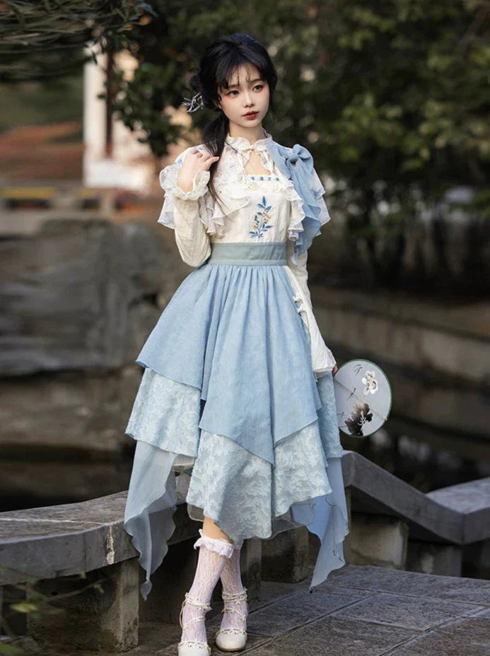 中国風フェイクイレギュラー刺繍ツーピースドレス