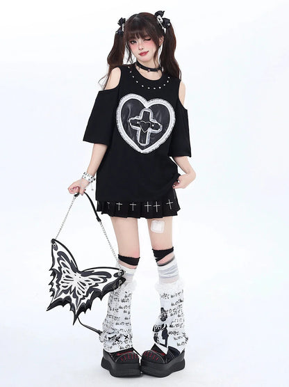 ダークリベットレースTシャツ ラブルーズオープンシェルダー