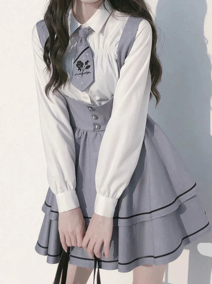 Shirt Beere Lange Wilde Ärmel + Puff Shirt Ärmel Kuchen Krawatte Rock Set Hosenträger Tutu