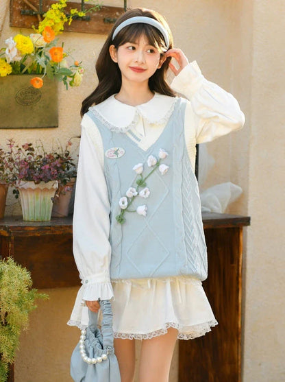 Glockenblumen-Setup: Strick-Kuchenrüsche + Hemdrock + Weste