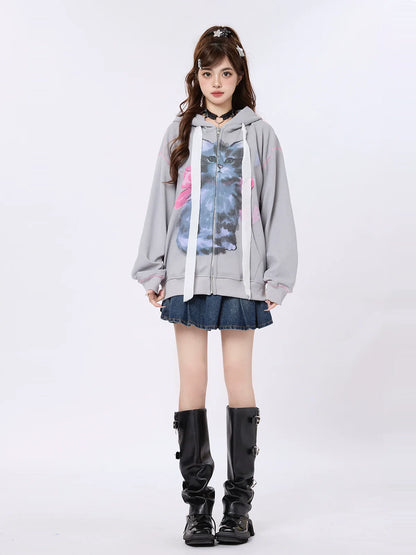 Zip-Up Hood Retro Ribbon Hoodie Ear Cat