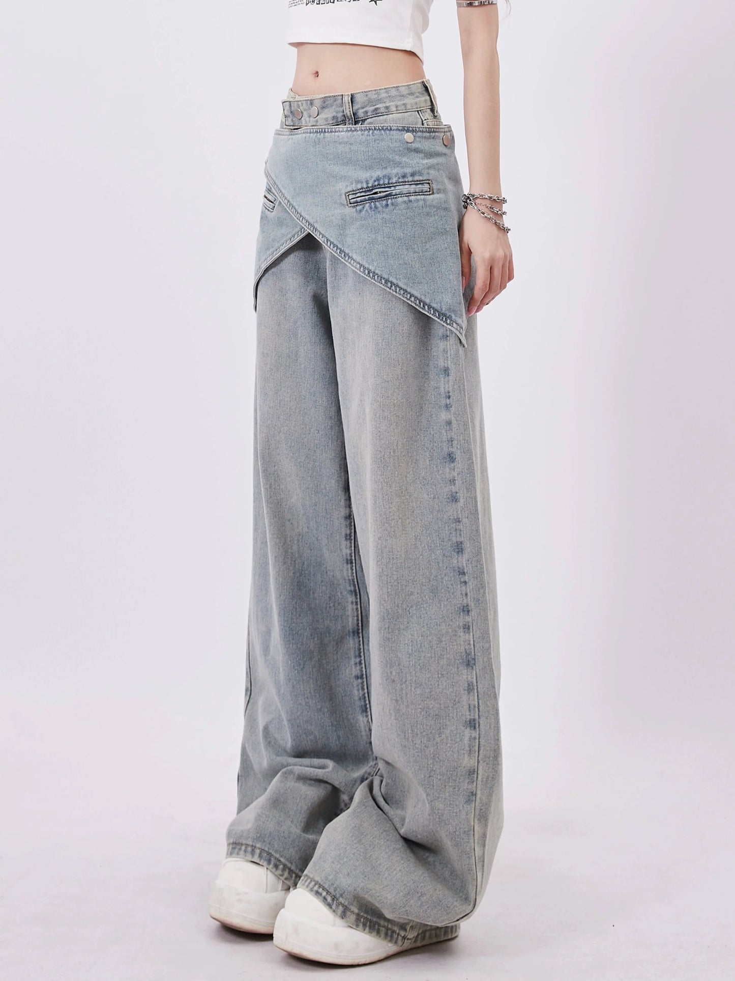Cross Denim Waist Pants Wide
