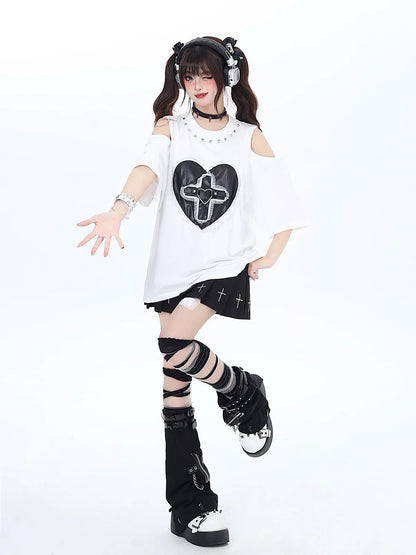 ダークリベットレースTシャツ ラブルーズオープンシェルダー