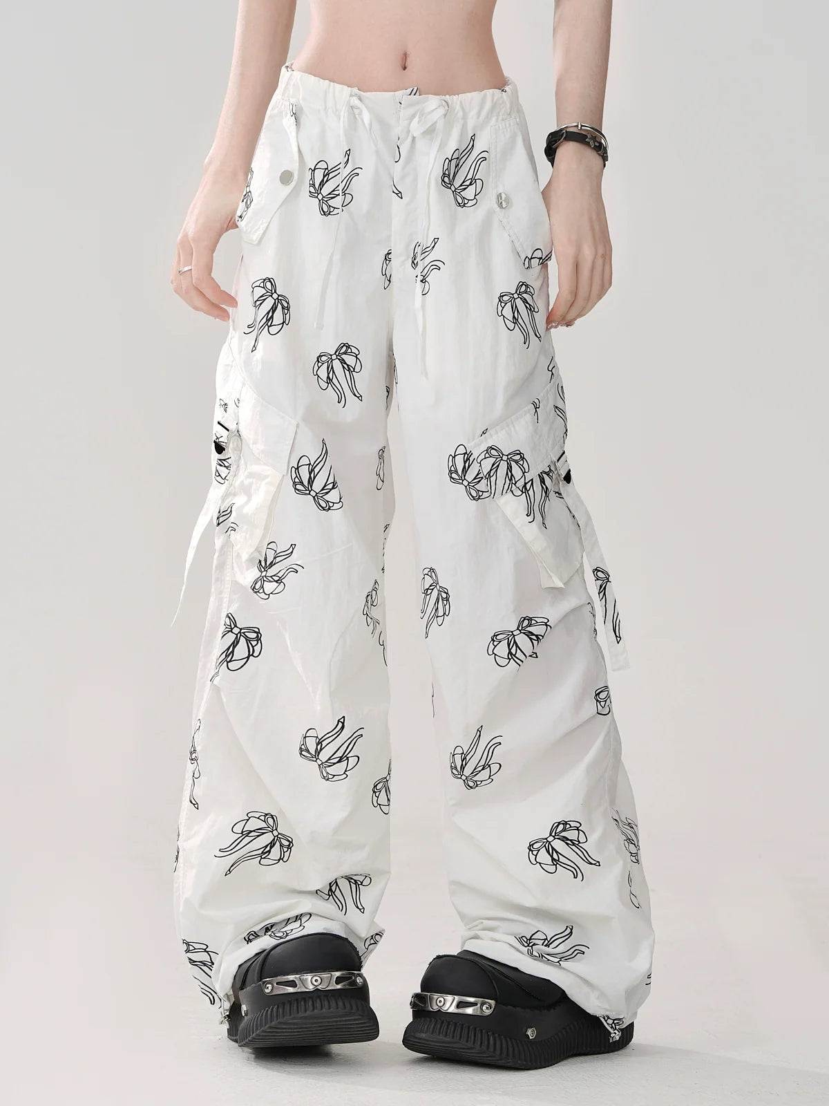 Ribbon Loose Sweet Pants White Print Pocket