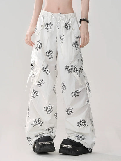 Ribbon Loose Sweet Pants White Print Pocket