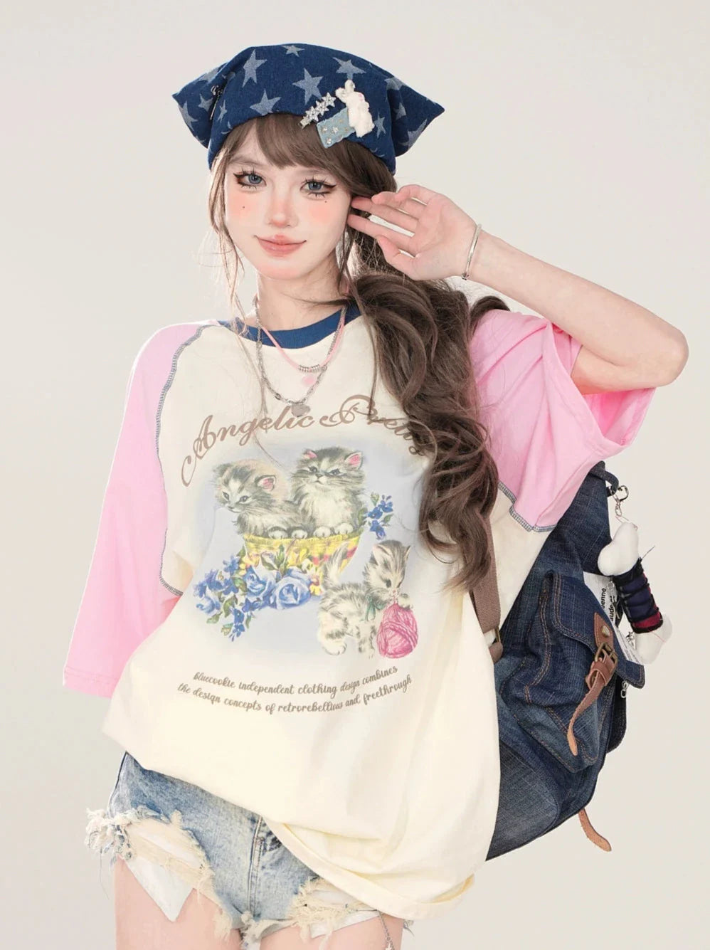 Loose Raglan T-Shirt Print Cat Cute