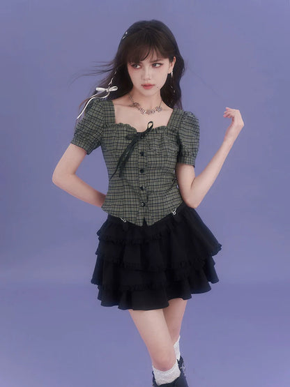 Karierte, mädchenhafte Tops mit quadratischem, schickem Ausschnitt