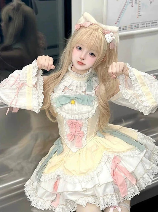 ガーリーなロリータスリーブドレススイートパステルカラー