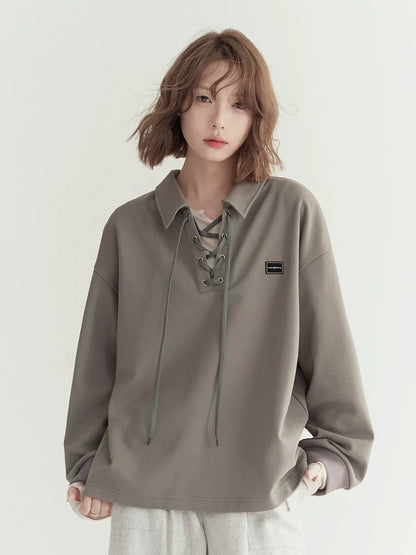 レースアップネックルーズトップポロ