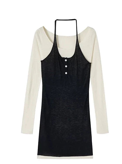 Holter Neck Faux Two Piece Wool Sweater Dress