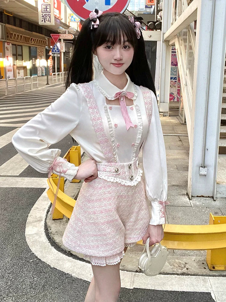 Mädchen Bluse Hose Rosa Hosenträger Pure Tweed