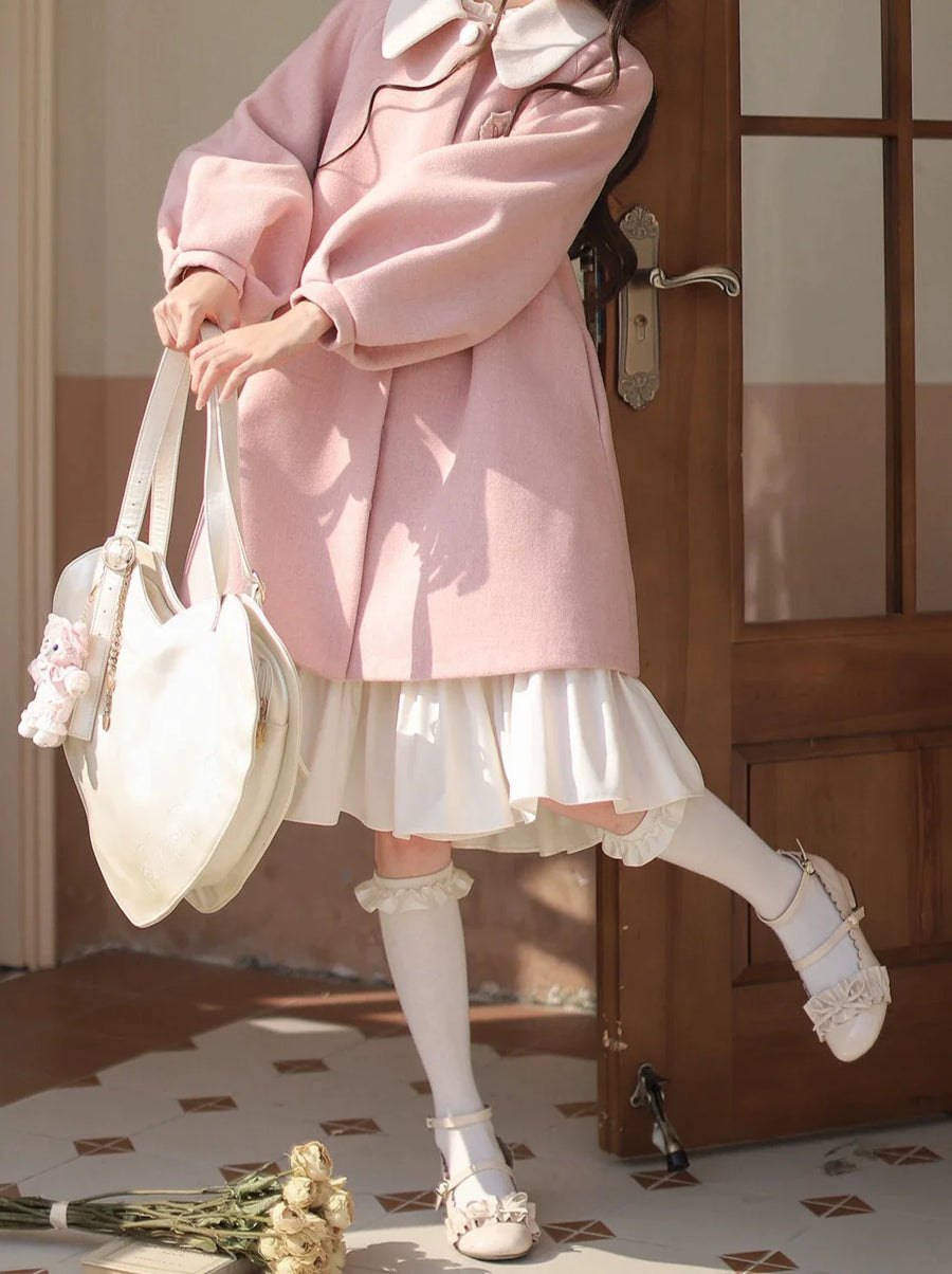Kragenpuppe Lolita-Mantel + Off-White + Pinkes Rüschenkleid-Abzeichen