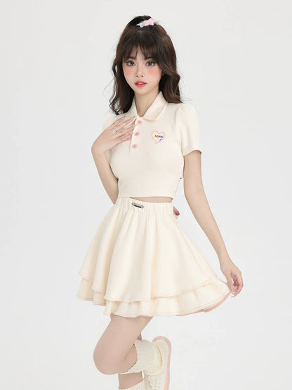バックスタイルカラーポロリボンスカートシャツバレエショート