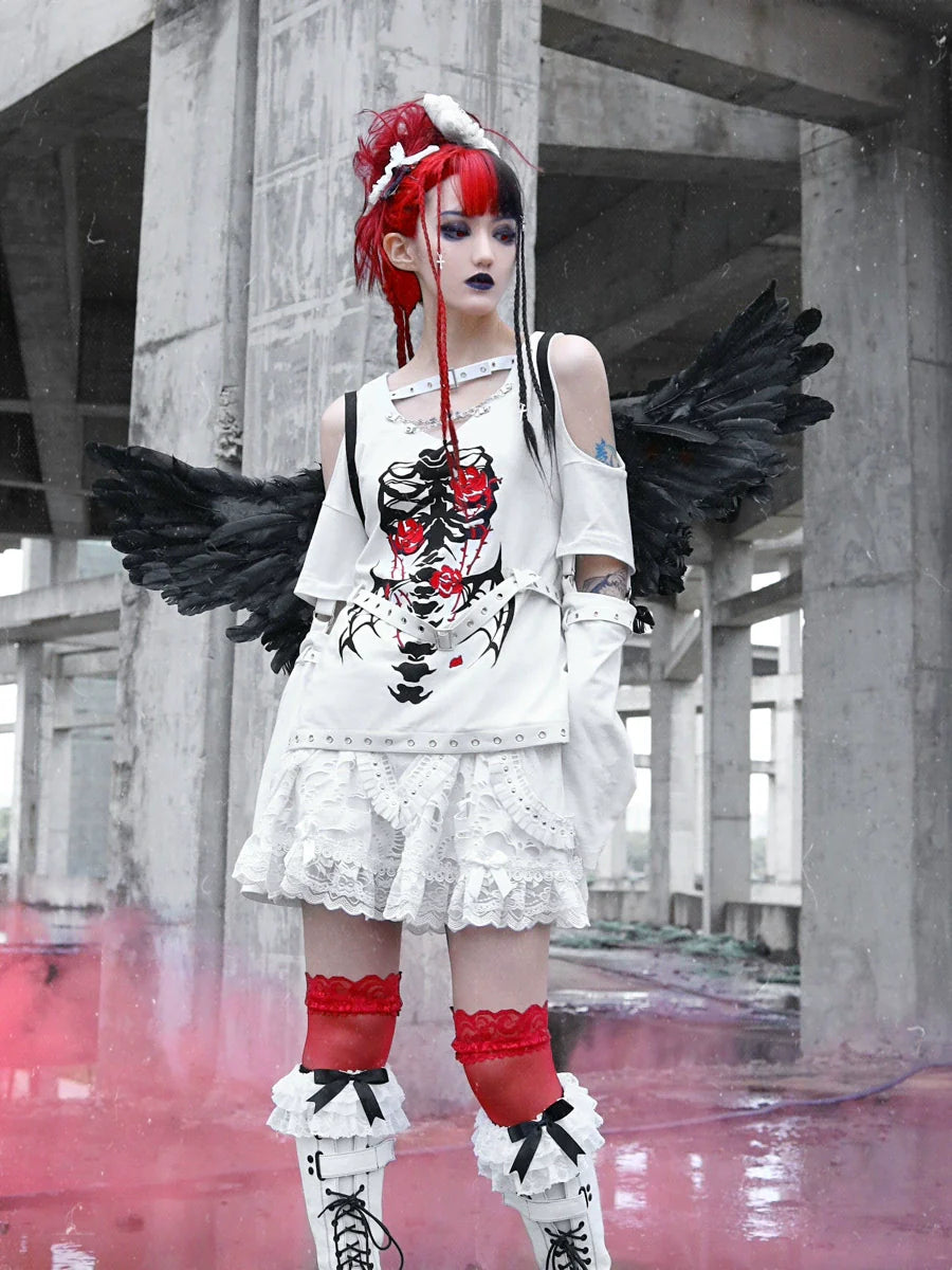 Dark Top Sleeve Chain Knit T-Shirt Strap Split