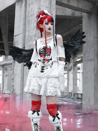 Dark Top Sleeve Chain Knit T-Shirt Strap Split