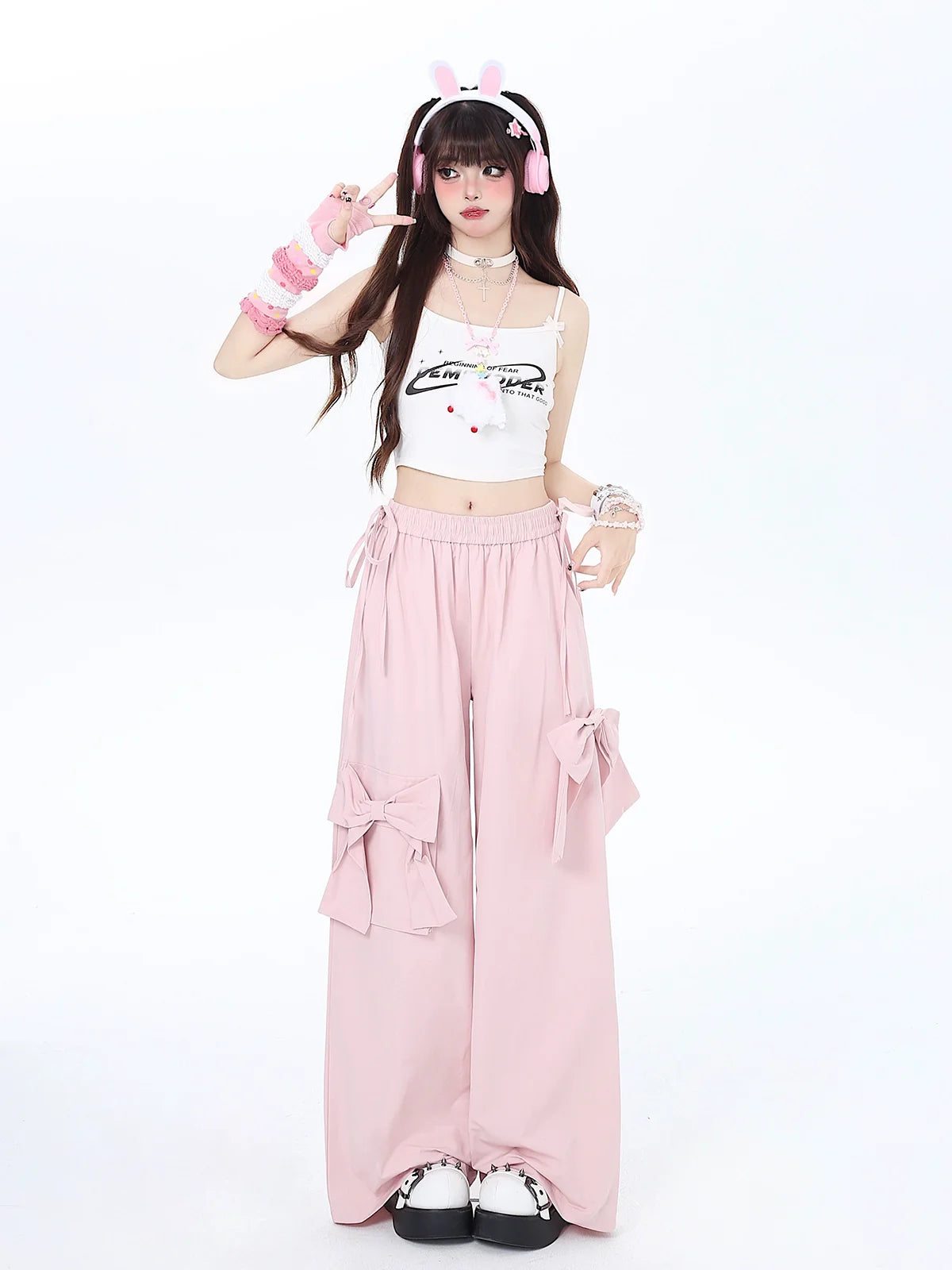Girly Pink Ribbon Dopamine Pants Wide