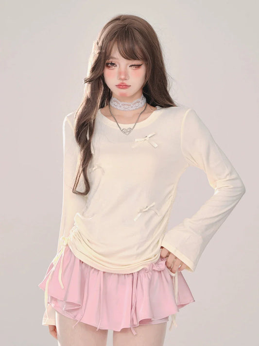 スイートロングリボンドローストリングTシャツ