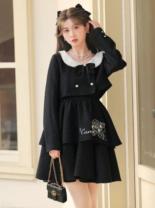 Schwarze Jacke Kleid Duft Farbe Hosenträger Glitter Rose + Perle Anzug Kurz