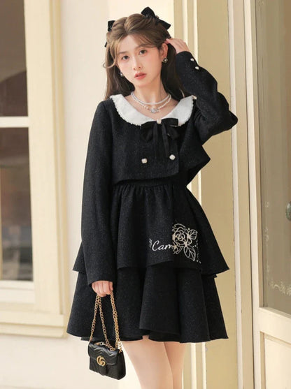 Schwarze Jacke Kleid Duft Farbe Hosenträger Glitter Rose + Perle Anzug Kurz