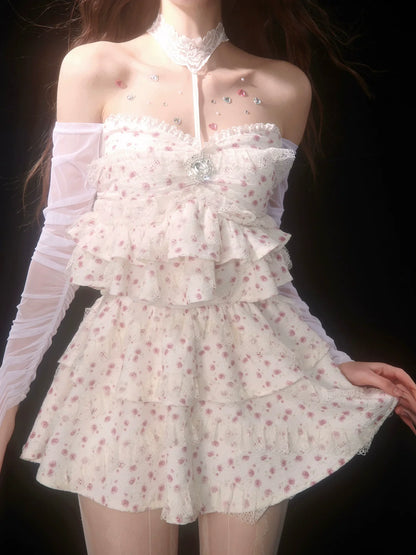 Top French Suit Off-the-shoulder Cake Skirt Flower Halter Tube Fairy + Apricot