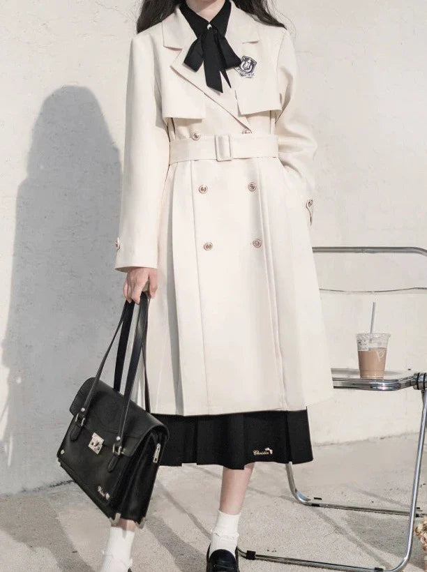 Rock + Faltenmantel Apricot Metall + Schwarzes Band College Shirt Gesticktes Abzeichen Trenchcoat