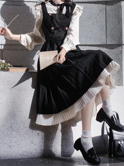 Retro Layered Suspender Dress + Lace College Ribbon + Accessories Shirt Pleated Shoulder Ruffle Elegant