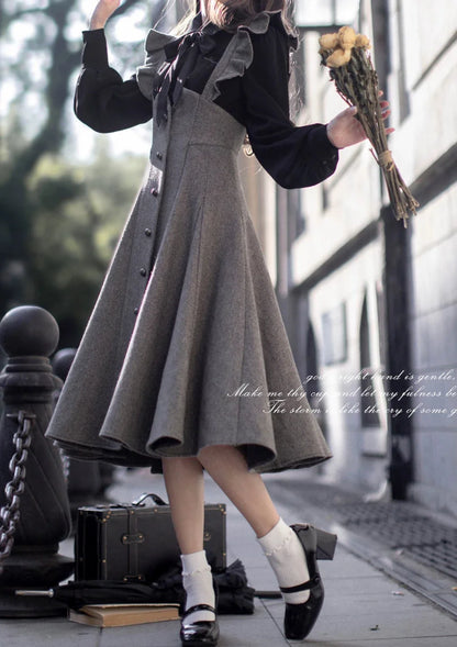 Sleeve Skirt Shoulder + Retro Suspender Black Ruffle Shirt Ribbon Elegant Volume