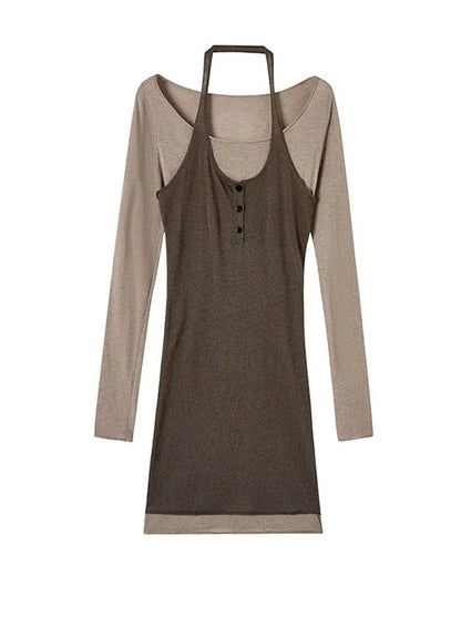 Holter Neck Faux Two Piece Wool Sweater Dress