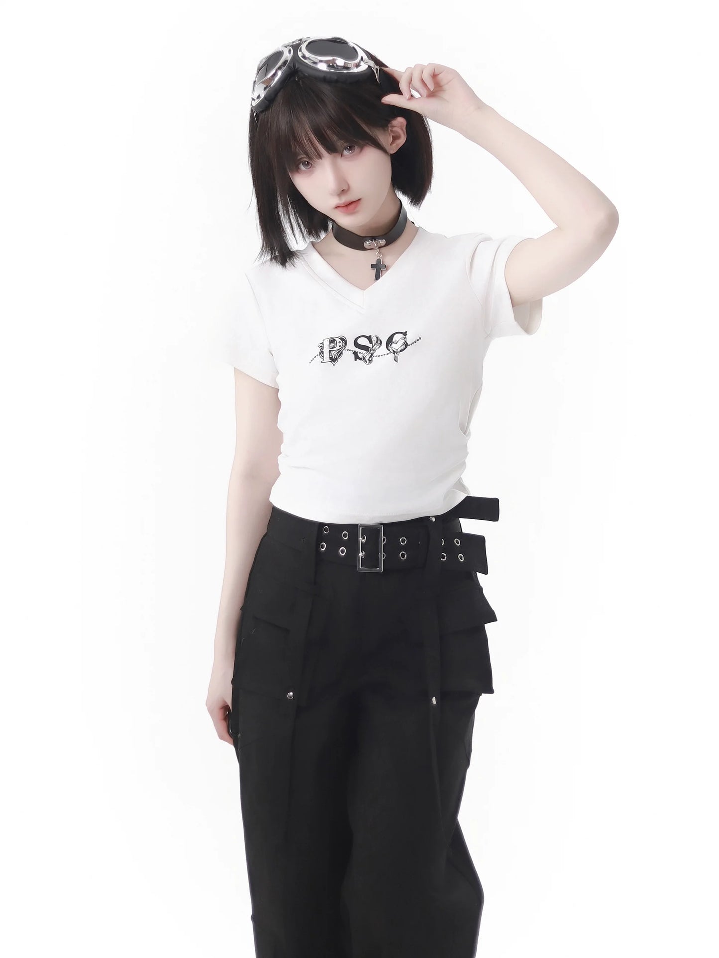 White Waist T-Shirt V-Neck Gray Slim