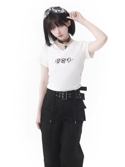 White Waist T-Shirt V-Neck Gray Slim