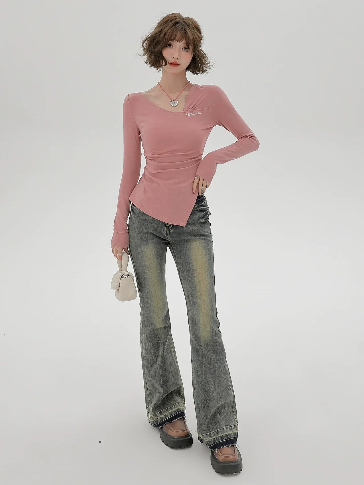 Slim Oblique Long Pleated T Design Shoulder