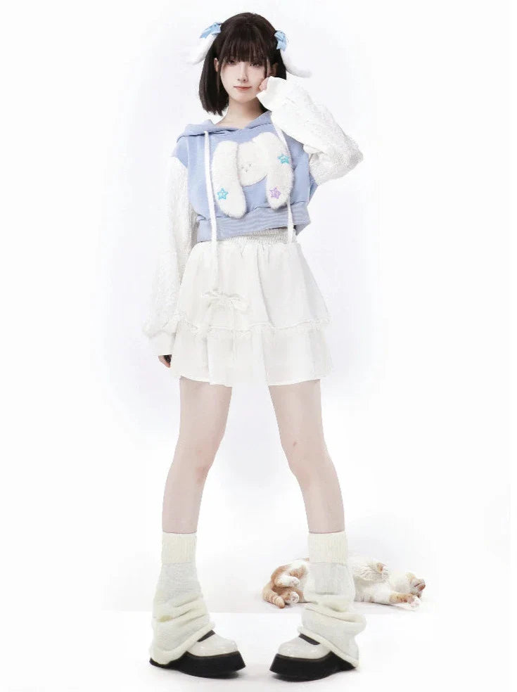 Sleeve Knit Hoodie Short White Little Dog 3D