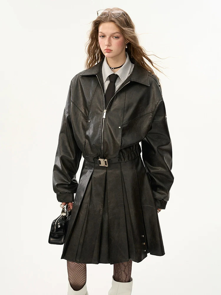 Damaged Mode Lederjacke + Mittellanger Rock + Ledermantel mit Taillengürtel