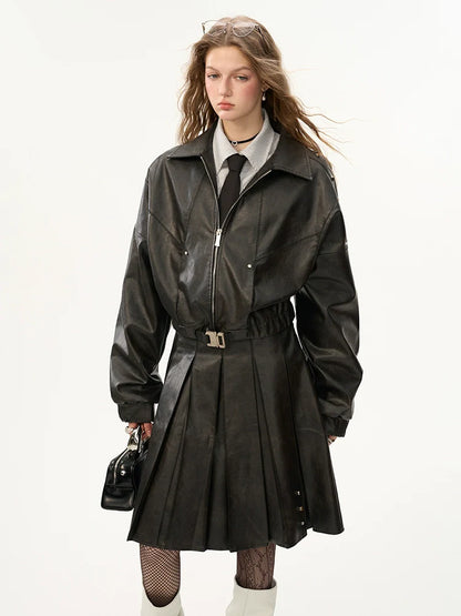 Damaged Mode Lederjacke + Mittellanger Rock + Ledermantel mit Taillengürtel