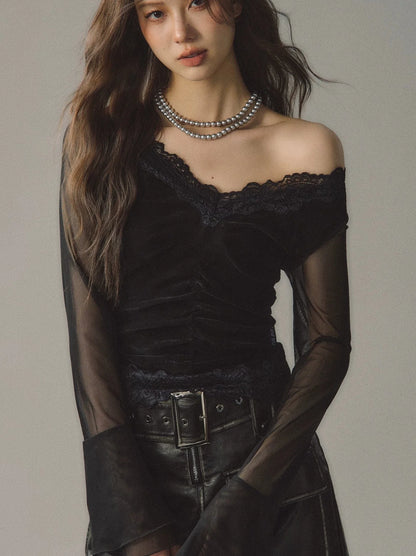 Lace Edge V Neck Sheer Bell Sleeve Black Slim Shirt