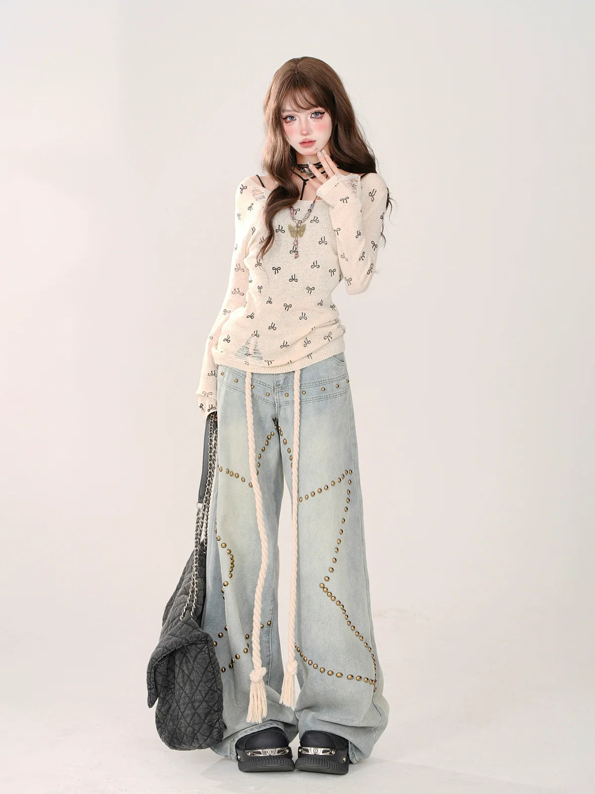 Round Logo Sheer Damage Neck Top