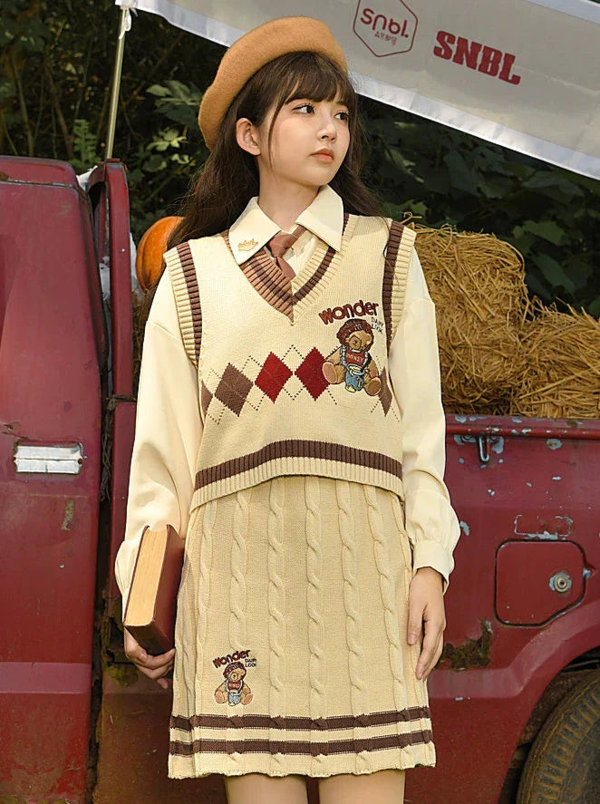 College-Strick-Karo-Zopfmuster-Anzugrock-Weste-Strick-Retro-Stil + Diamant-V-Ausschnitt