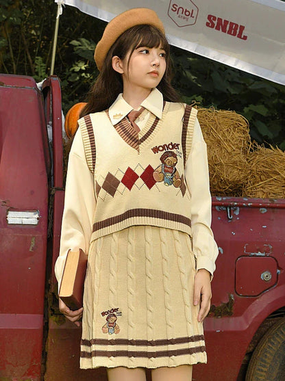 College-Strick-Karo-Zopfmuster-Anzugrock-Weste-Strick-Retro-Stil + Diamant-V-Ausschnitt