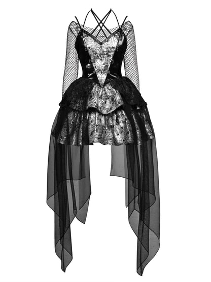 PUサスペンダーパンクホルターネックメッシュメタリックオフショルダーチュール+トップドレスシアー