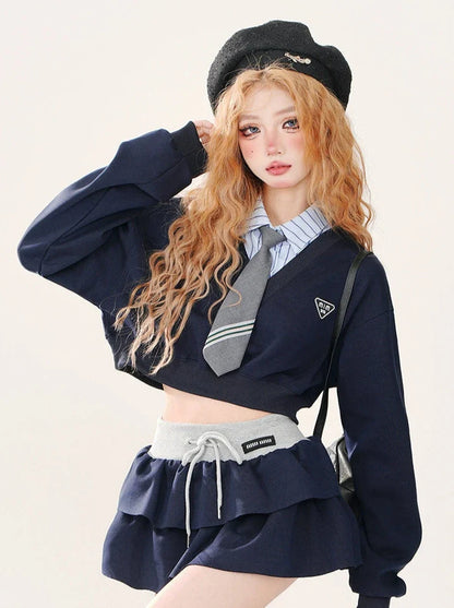 College + Krawatte Kurz Stil Sweatshirt + Set Farbe Gestreiften Stück Faux Rock Zwei