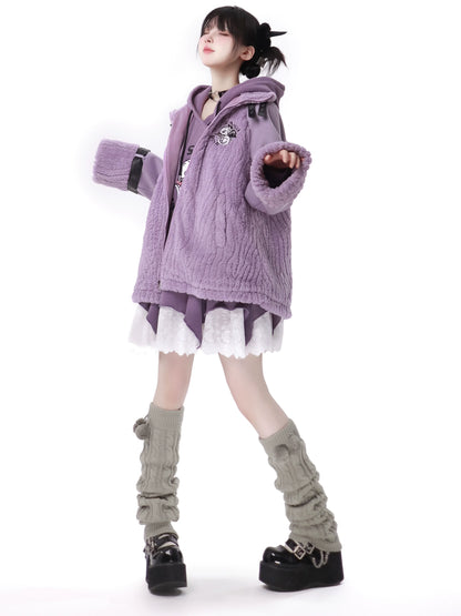 Purple Air Dragon Embroy Dary Plash Jacket + Hood Print Sweat Dress