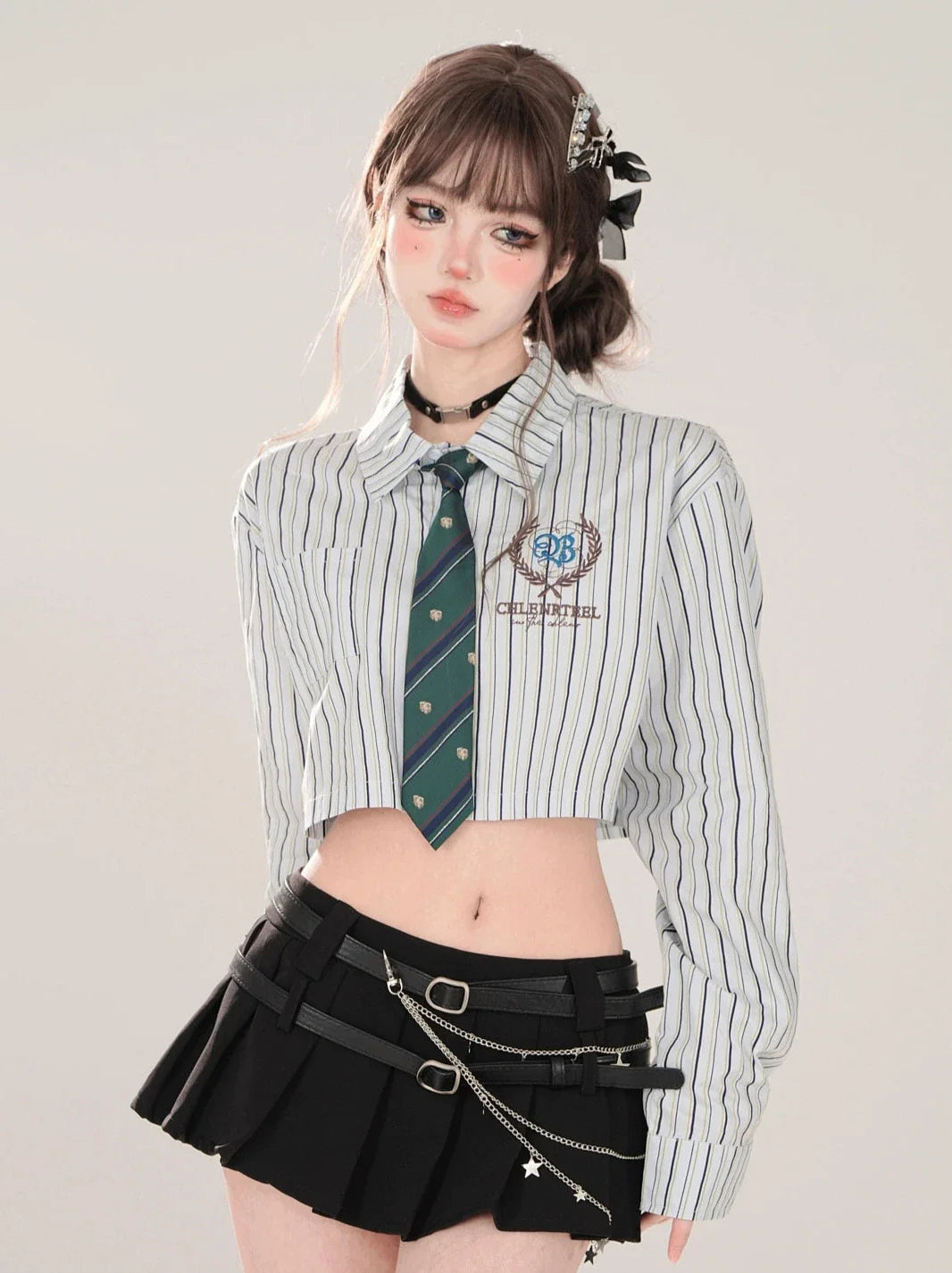 Tie Set Short Style Polo + Collar High Shirt Stripe School