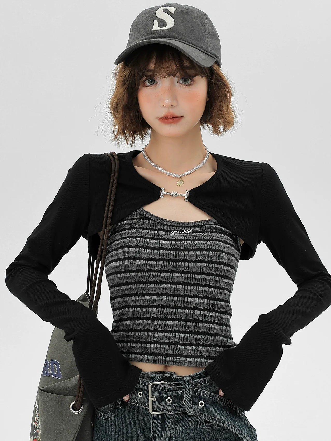 キャミソール アメリカン カーディガン ストライプ ショートピース セット トップス ブラック ツー