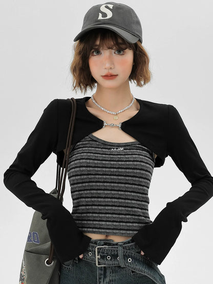 キャミソール アメリカン カーディガン ストライプ ショートピース セット トップス ブラック ツー