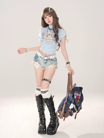 American Short T-Shirt Print Neck High Dog Little Cutie